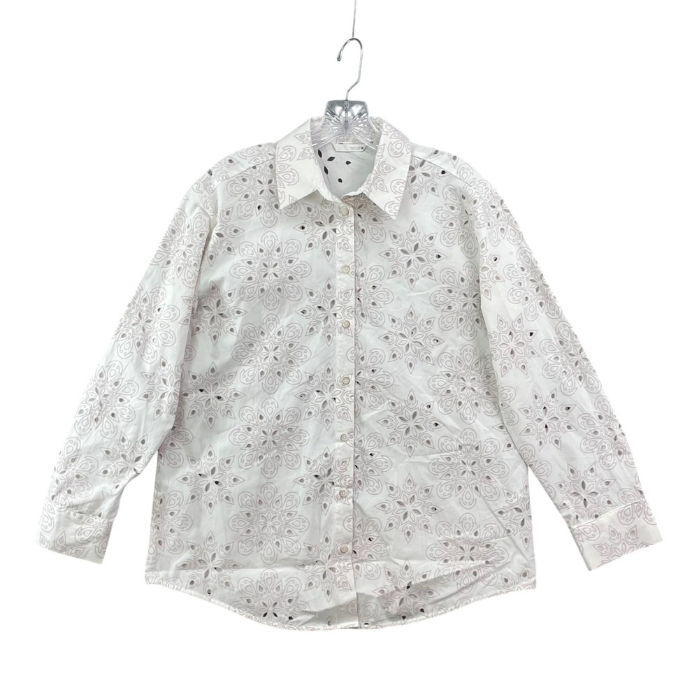 Zara Eyelet Button Down Shirt Womens Small White Floral Embroidered Long Sleeve